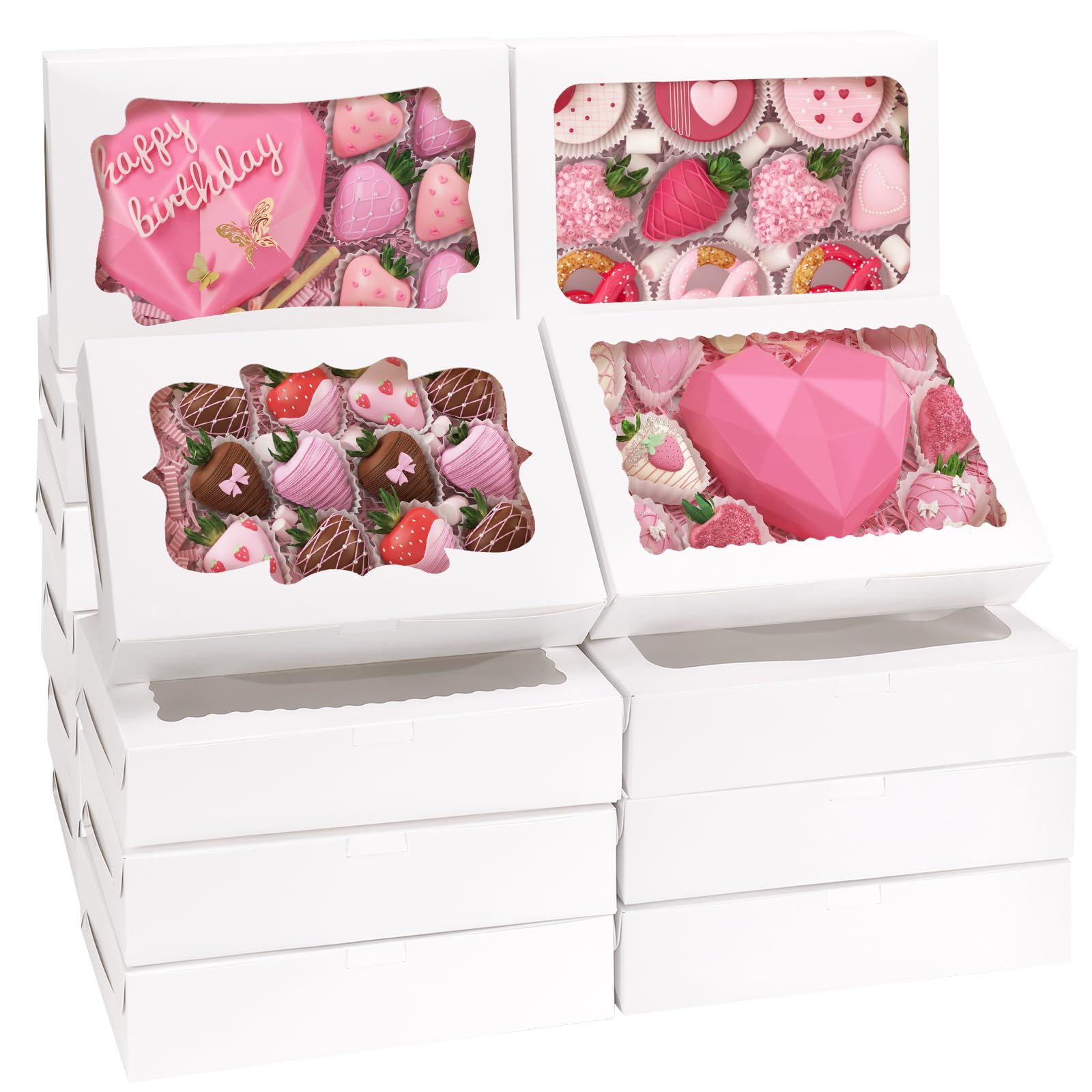 TOMNK 80pcs Cookie Boxes with Window, 12x8x2.5 Inches 4 Style Bakery Boxes, Large White Treat Containers for Chocolate Strawberries, Cakes, Donuts, Muffins and Pastries