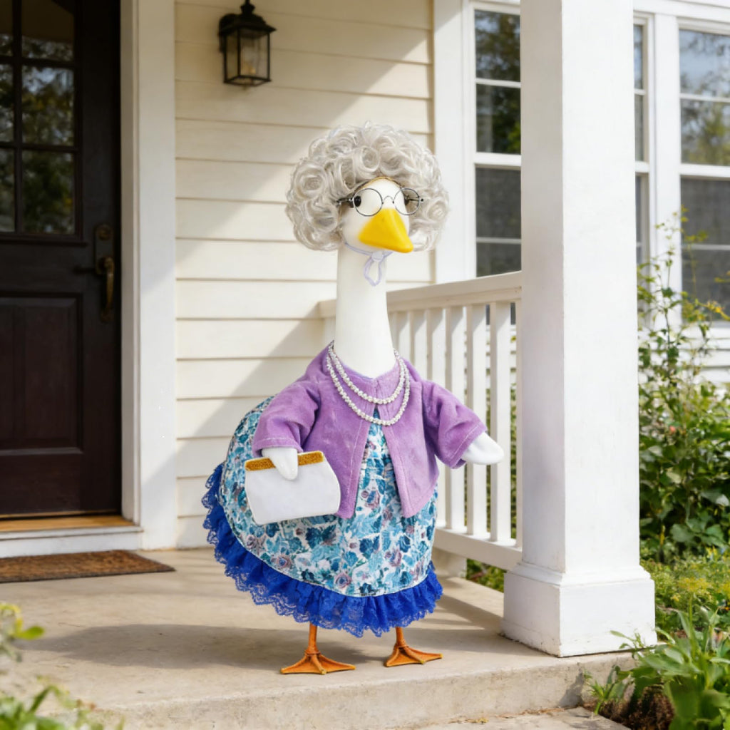 Karwuiio 5Pcs Old Lady Porch Goose Outfits Glasses Curly Wig Floral Print Dress Cardign and Pearl Necklace Set Garden Decor (Blue Floral, M)