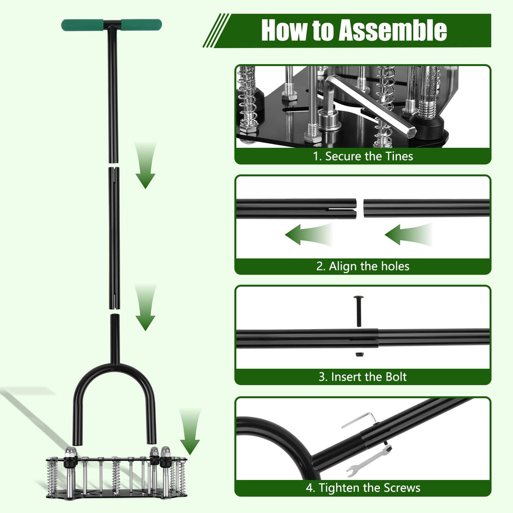 Adjustable Lawn Aerator Tool with Rebound Spring – 16 Sharp Metal Spikes Soil Aerator with Ergonomic T-Handle & Wide Foot Plate, Heavy Duty Yard Lawn Aerator for Garden Lawn Care