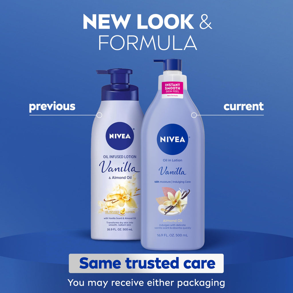 NIVEA Oil Infused Vanilla and Almond Oil Body Lotion for Women, Fast-Absorbing and Non-Greasy Vanilla Scented Lotion Moisturizes for 48 Hours, 16.9 Fl Oz Pump Bottle, Pack of 3