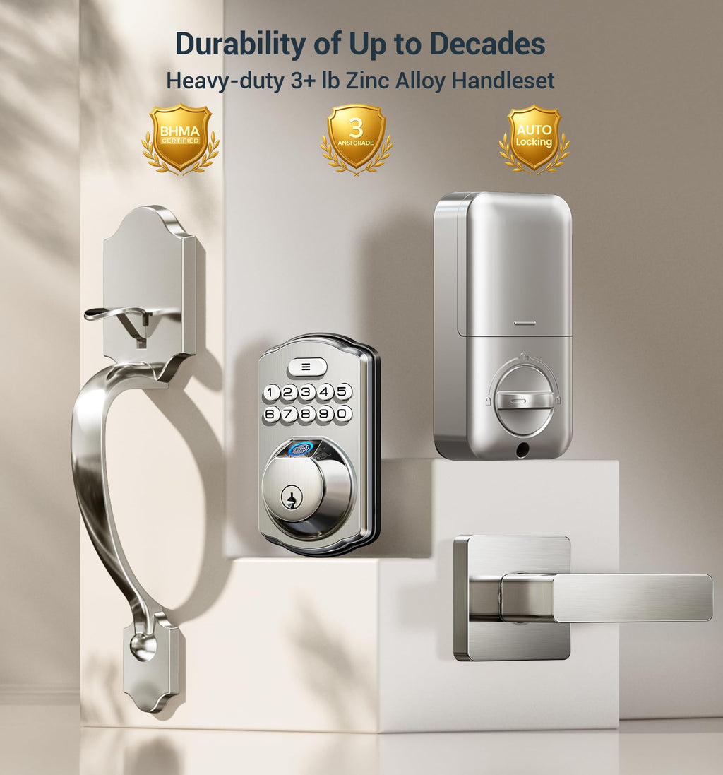 Veise Fingerprint Door Lock Set, Keyless Entry Door Lock, Front Handle Set, Electronic Keypad Deadbolt with Lever Handle, 2 Keys, Auto-Locking, One-time Codes, Easy to Install, Satin Nickel