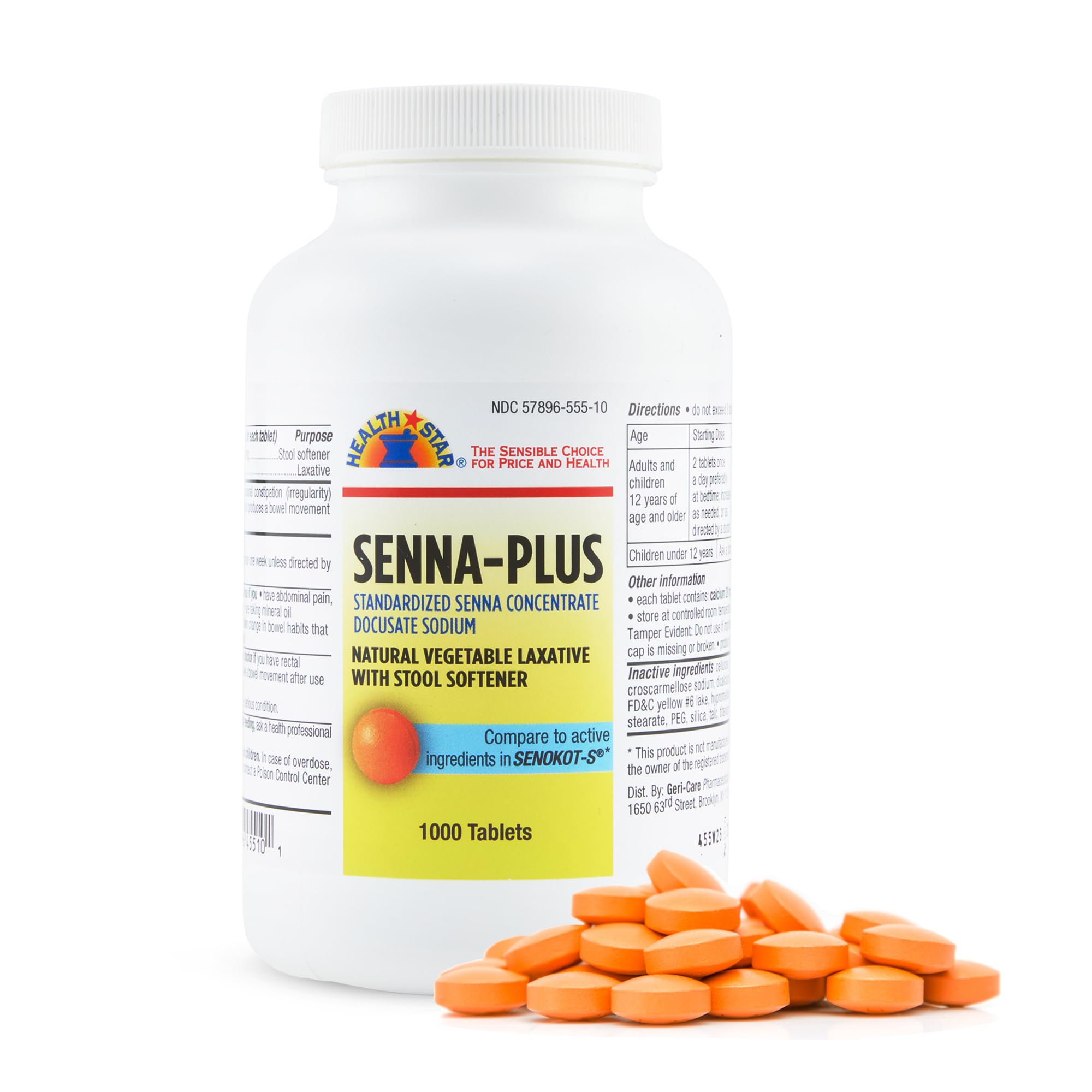 Health Star Senna Plus Laxative & Stool Softener Tablets 50mg / 8.6mg Strength Natural Vegetable Stimulant Laxative| Gentle Constipation Relief| Docusate Sodium for Bowel Movement (1,000 Tablets