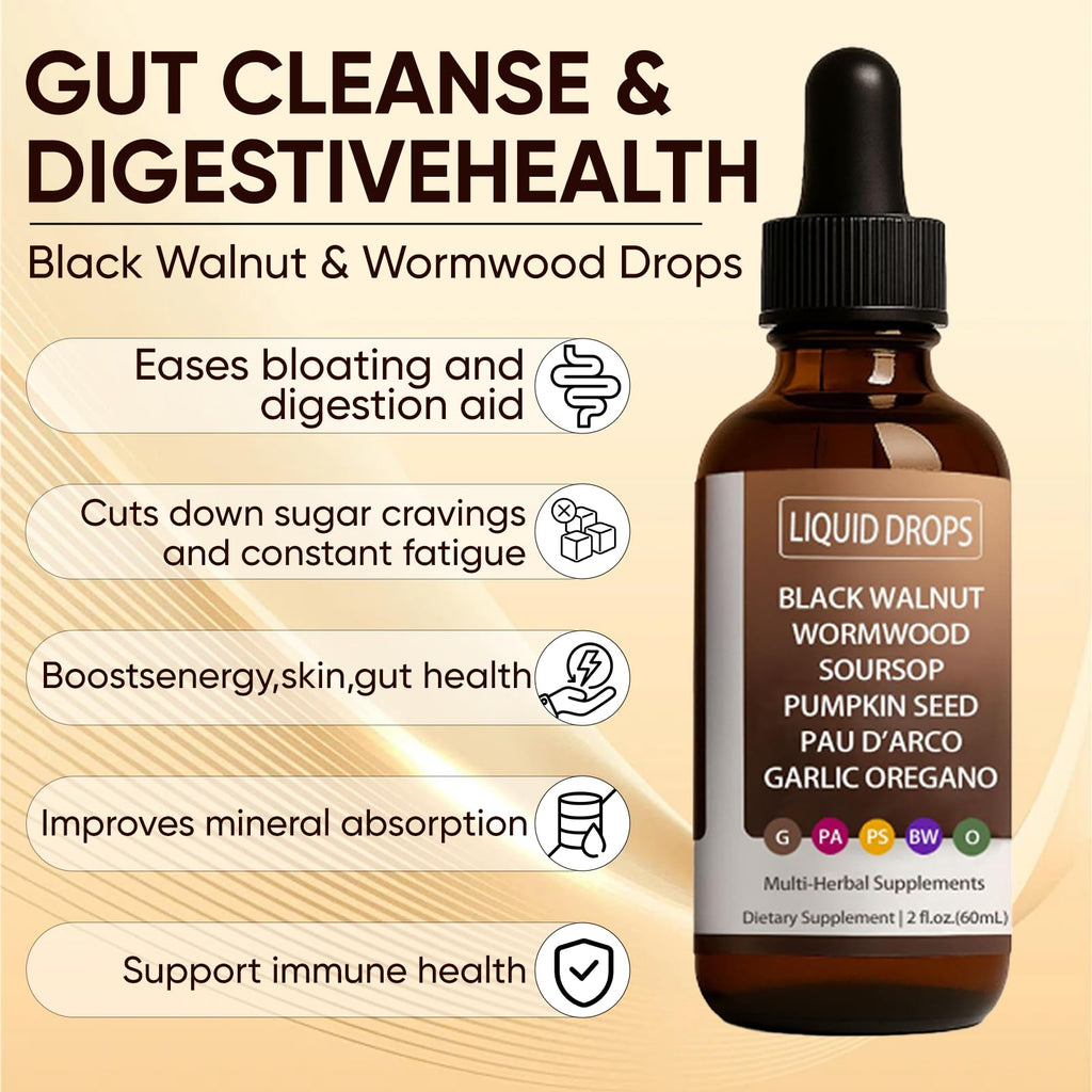 FWPTEI Vello Black Walnut Wormwood Gut Cleanse, Wormwood Black Walnut Clove Drops, Gentle Gut Cleanse & Health & Absorption, with Pumpkin Seed,PAU D'arco, Soursop (1)