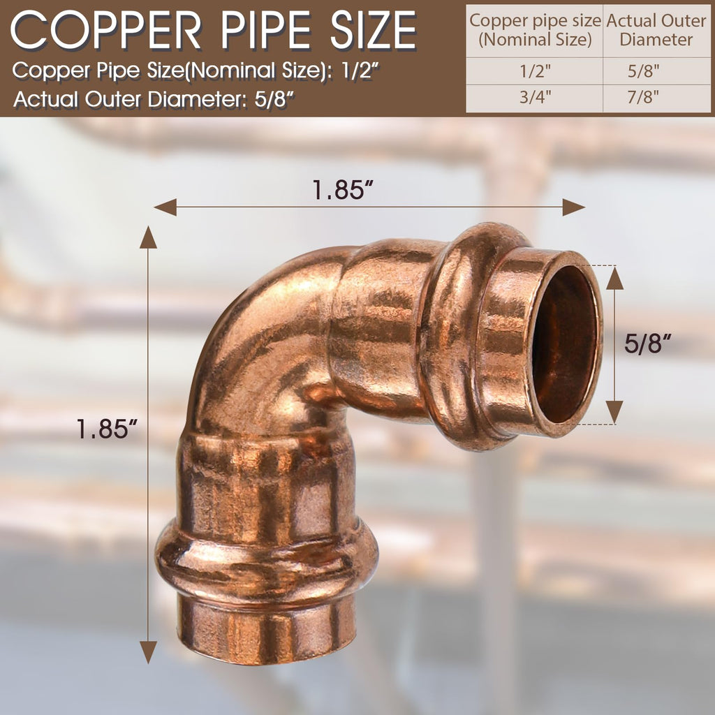 Copper Press Fittings 1/2inch,12PK Copper Coupling 90 Degree Elbow Coupling