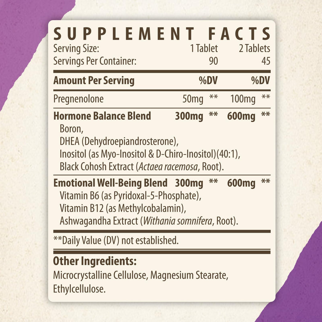 Kynderynl Pregnenolone with Ashwagandha for Women, Pregnenolone 100mg (2 Tablets) or 50mg (1 Tablet) Dose, 8-in-1 Formula with DHEA, Black Cohosh, Dual-Dosing, Vegan, Gluten Free, 90 Chewable Tablets