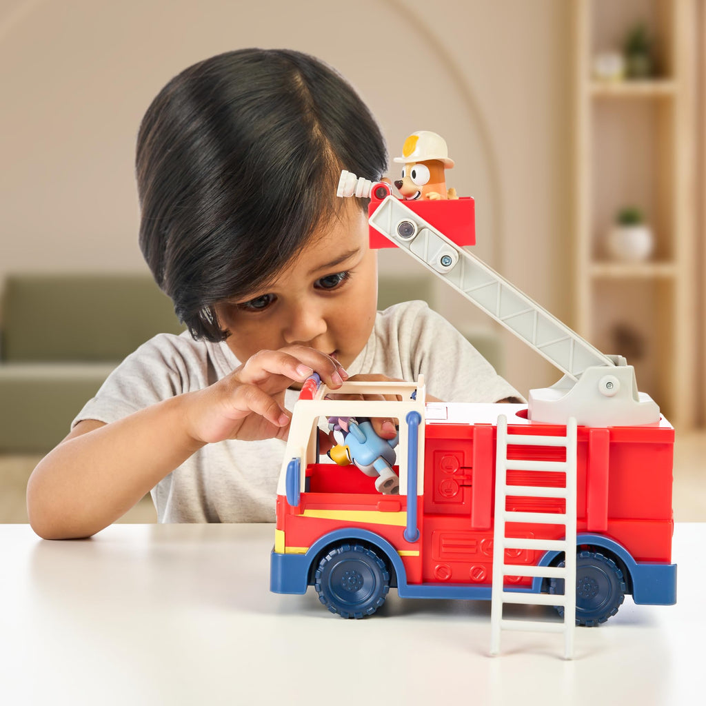 Bluey Firetruck Toy with Firefighter Bingo, Bob Bilby Figures | Extendable Ladder & Hose | Includes Stickers - Perfect for Kids Ages 3+