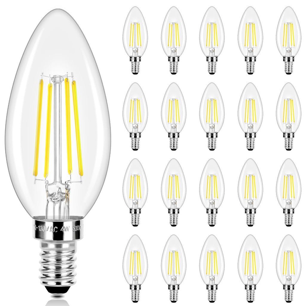 LED Candle Bulbs 40W Equivalent, Dimmable E12 Candelabra Light Bulbs 4W 470Lm Clear Edison LED Bulb, Daylight White 5000K B10 Classic Bright Filament Bulb, Decorative Bulbs for Lamps, Pack of 20
