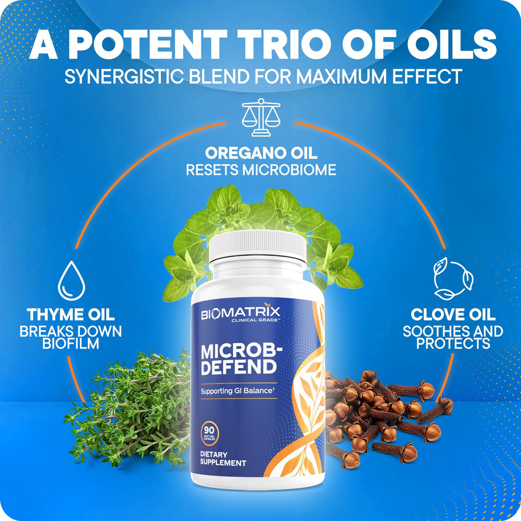 BioMatrix Biofilm Disruptor, GI Repair Digestive Supplement for Men and Women, Oil of Thyme, Oregano & Clove, Gut Microbiome & Intestinal Health Support | Microb-Defend (90 Softgels)