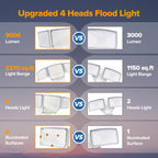 LUTEC 80W Dusk to Dawn Flood Lights Outdoor, 9000LM Super Bright LED Security Light with Photocell, IP65 Waterproof, 5000K Daylight, Hardwired 4 Heads Floodlight for Garage, Yard -2 Pack (White)