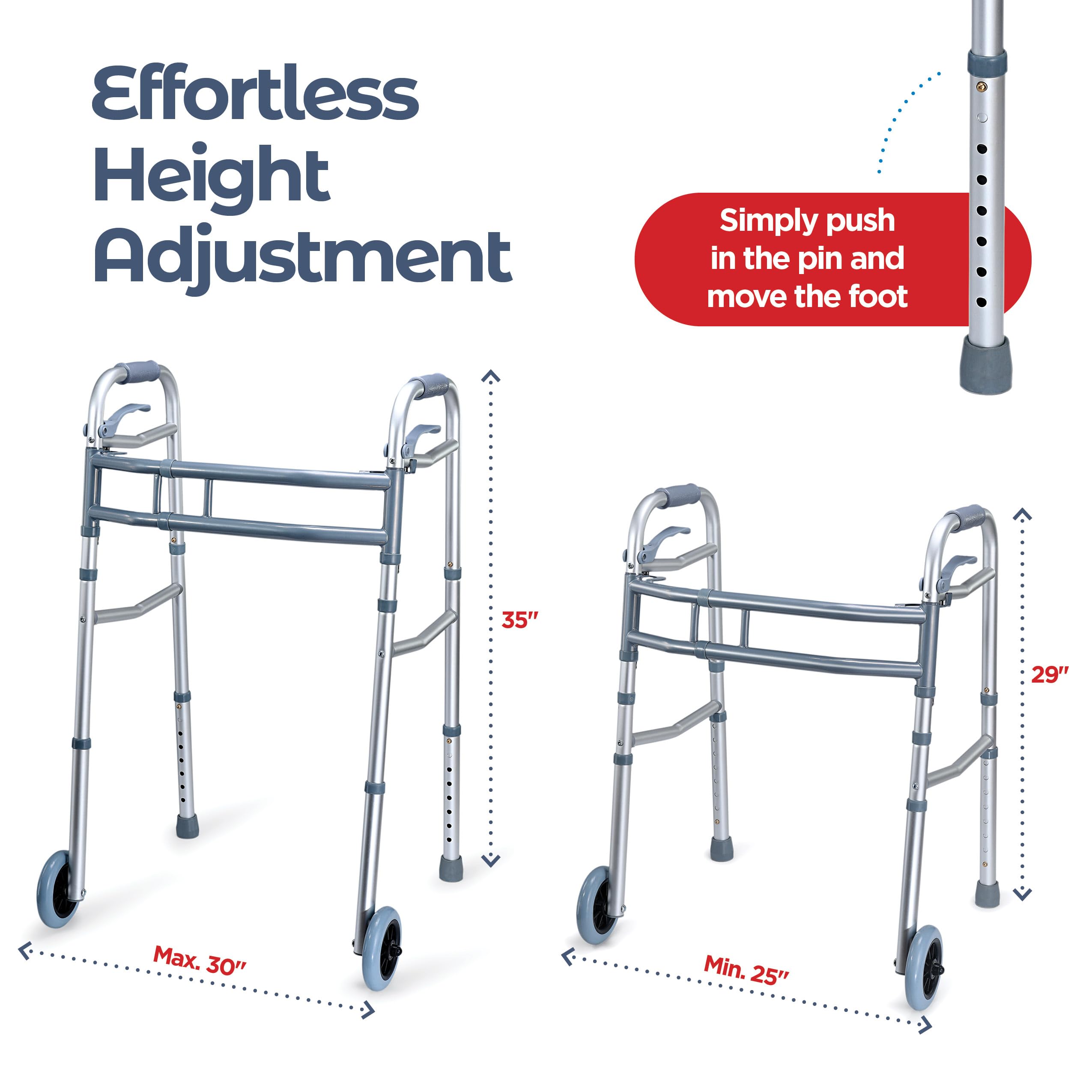 Medical king Walkers for Seniors Aluminum Lightweight Walker with Wheels, Adjustable Width and Height, Folding Walker for Elderly, Handicapped, Disabled 2 Wheels in Front