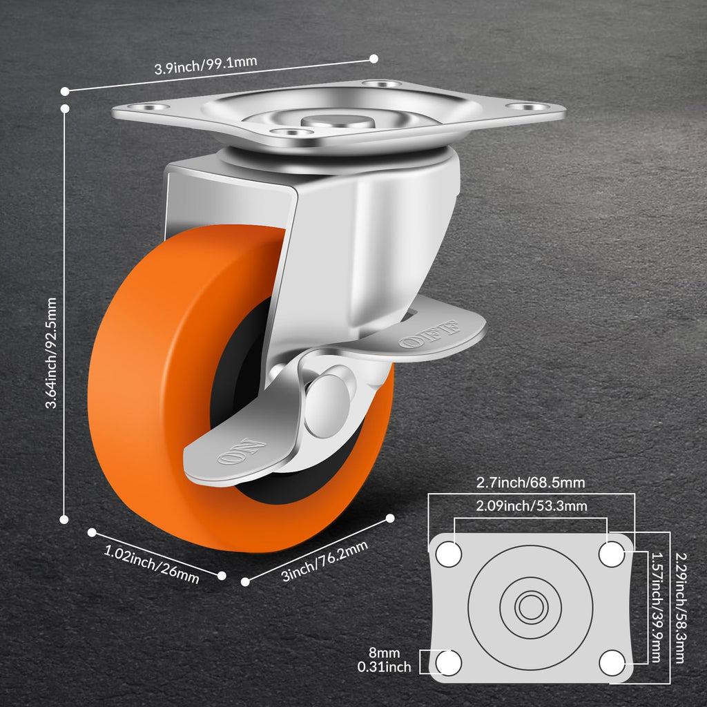 BOSGEOT Caster Wheels,3 Inch Casters Set of 4,Heavy Duty Caster with Brake