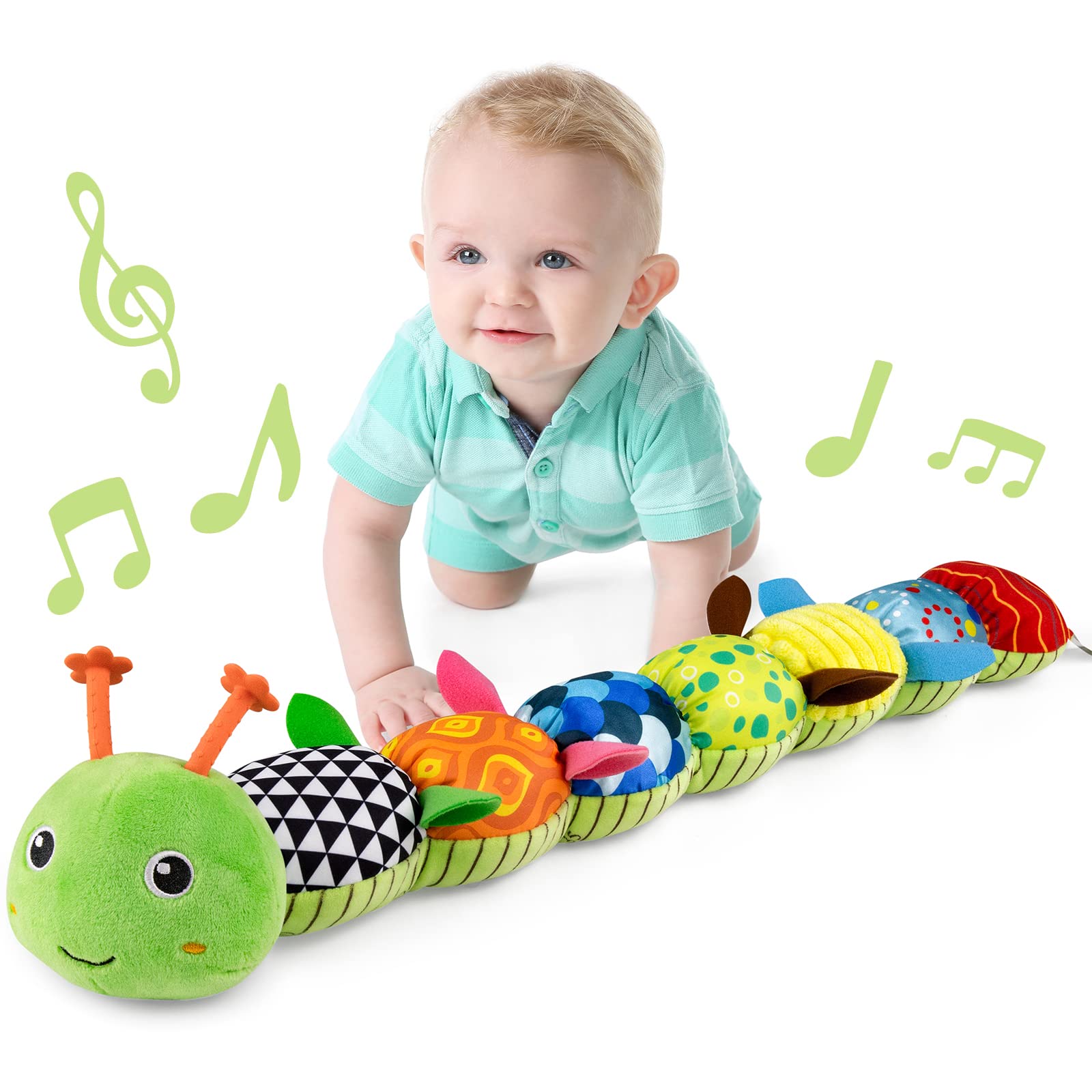 LIGHTDESIRE Baby Toys Musical Caterpillar,Infant Stuffed Animal Toy with Crinkle and Rattles,Soft Sensory Toys with Textures for Tummy Time Newborn Boys Girls 0 3 6 12 Months(Green)