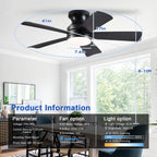41 inch Ceiling Fans with Lights, Black Flush Mount Ceiling Fan with Remote, 3CCT, LED Dimmable, Reversible, 6 Fan Speeds, Quite Low Profile Ceiling Fan with Lights Modern Bedroom Kitchen Indoor