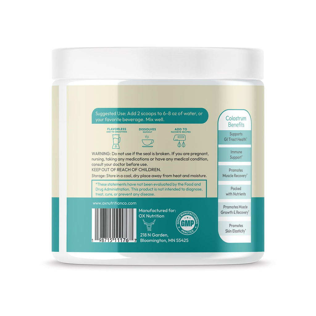 OXNUTRITION Colostrum Powder for Gut Health, Immune Support, Muscle Recovery, Hair & Beauty | Pure Gress Fed Bovine Colostrum for Humans, Natural IgG, Unflavored, 60 Servings