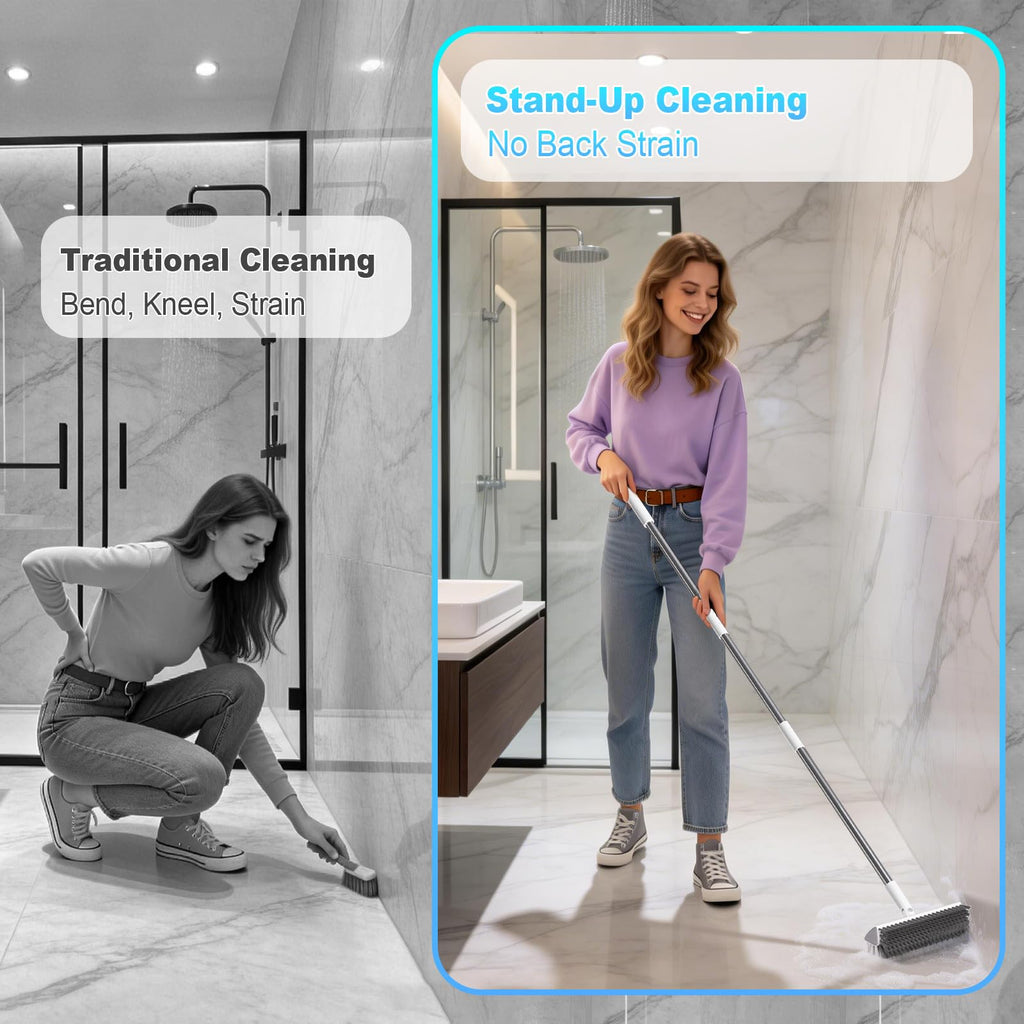 Floor Scrub Brush with Long Handle, Heavy-Duty Stiff Bristles, V-Shape Floor Scrubber Brush for Tile, Concrete & Grout Lines, Stand-Up Cleaning for Garage, Bathroom, Deck & Patio