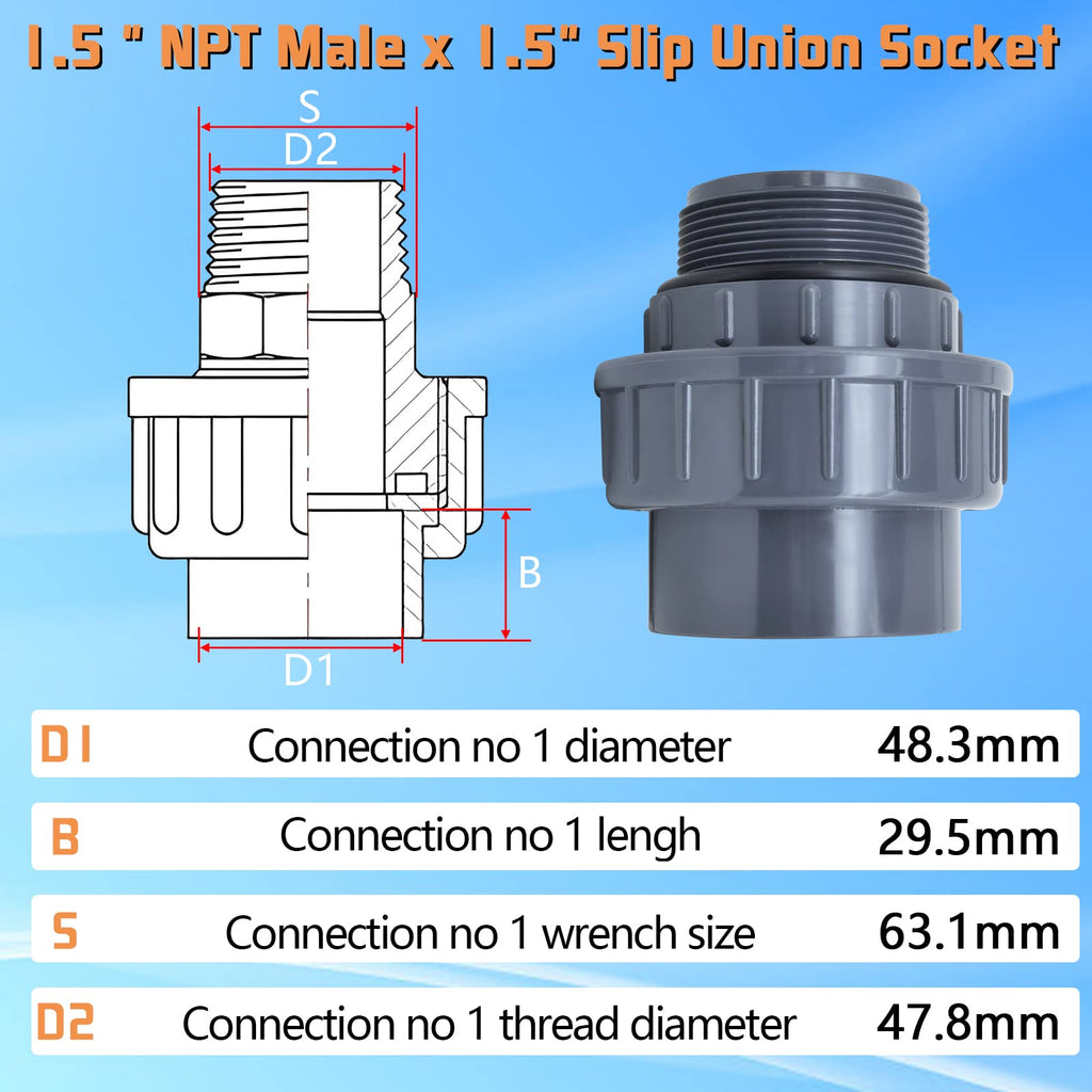Boltigen 2pcs 1-1/2 PVC Pool Pump Fitting Coupling, 1.5" NPT Male x 1.5" Slip Union Socket Joint Adapter Connector Replacement for Pool Spa Pump