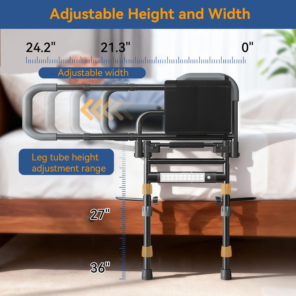 Bed Rails for Elderly Adults Safety, Foldable Bed Assist Rails for Seniors with Sensor Light & Storage Pocket, Adjustable Height, 180° One-Hand Folding Bed Side Rails Fit King Queen Full Twin