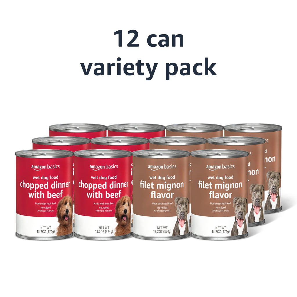 Amazon Basics Chopped Ground Dinner Wet Dog Food Variety Pack, Filet Mignon Flavor and with Beef, Made with Natural Ingredients, 13.2oz Cans (Pack of 12)
