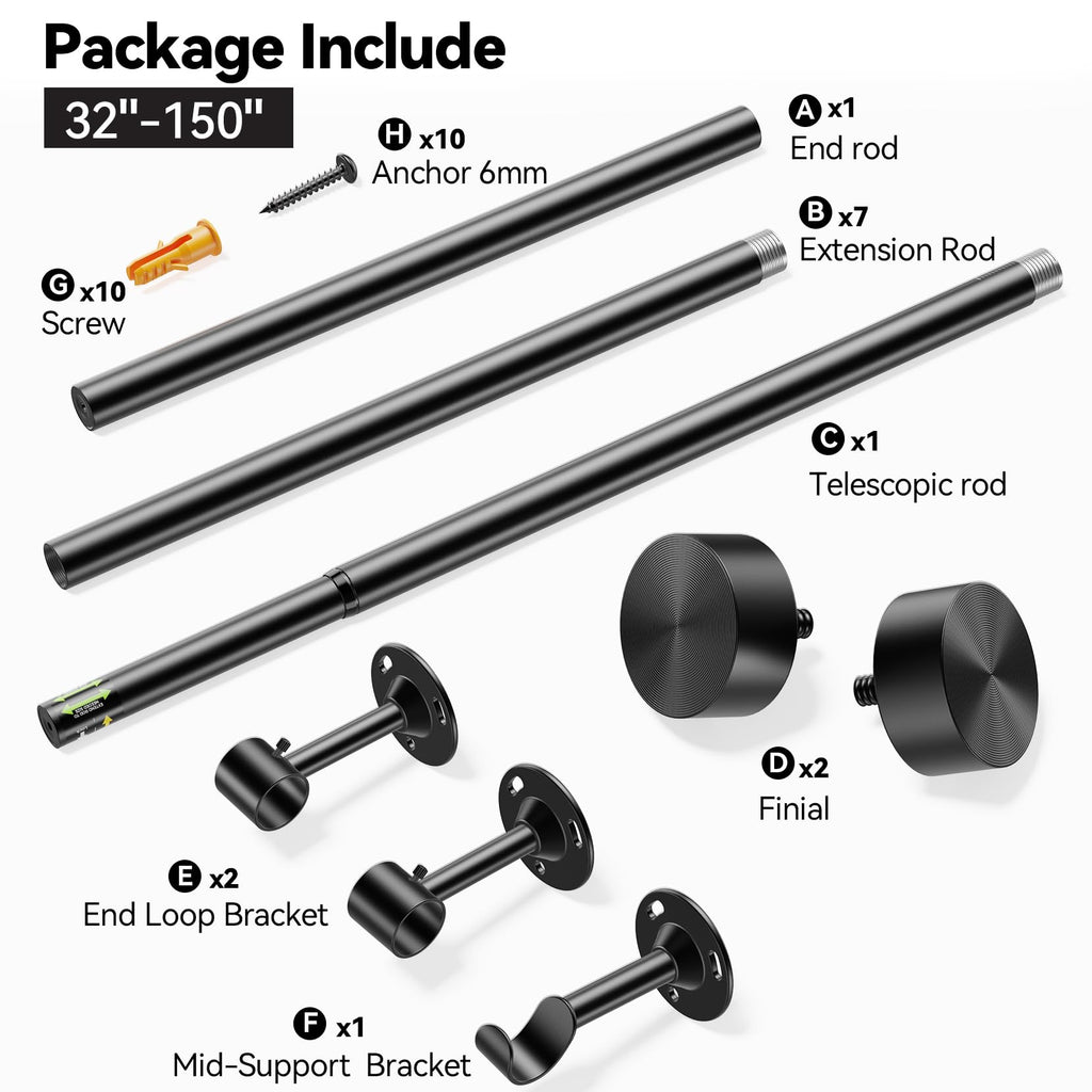 YaFex Heavy Duty Curtain Rods 32-150 Inch, 1 Inch Adjustable Black Curtain Rod for Windows, Extra Long Window Treatment Rods with Aluminium Finials, Easy Installation