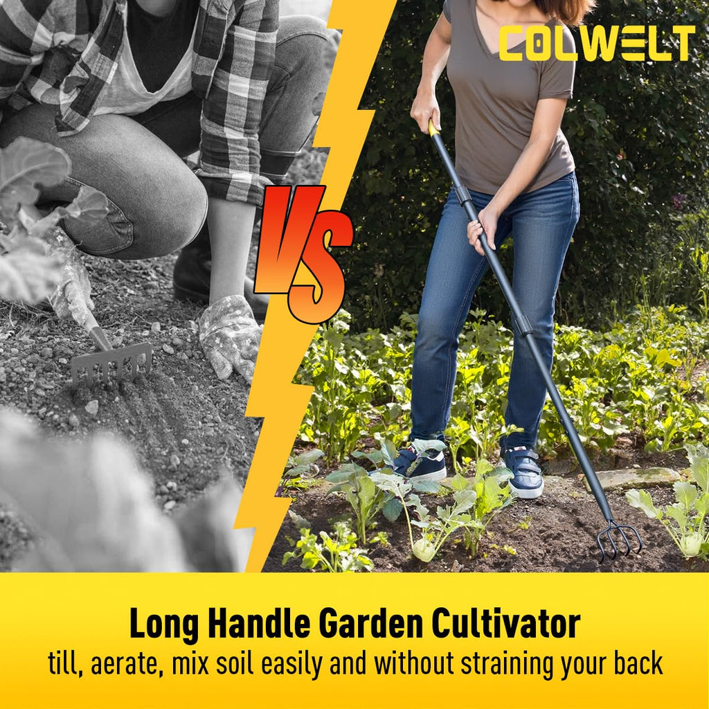 Colwelt 4 Tines Garden Cultivator Rake 59'', Hand Tiller Garden Tool with Sharp Forged Steel Head, 4 Tine Cultivators for Gardening with Long Handle, 4 Prong Rake for Digging Loosening Weeding