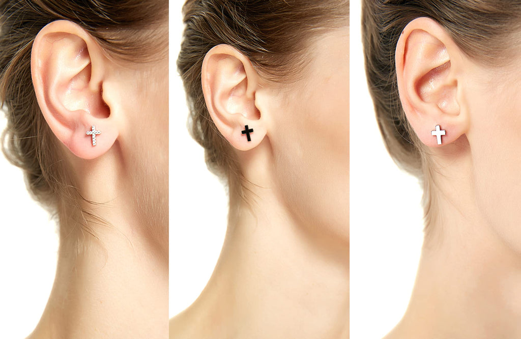REVEMCN 3-Pair Cross Earrings for Men & Women, Stainless Steel & 925 Silver