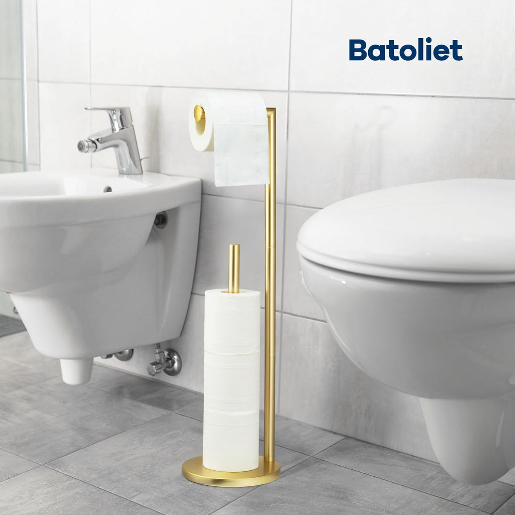 Toilet Paper Holder Stand, Bathroom Toilet Paper Roll Holder Stand with Reserve, Standing Toilet Paper Holder with Storage,Toilet Paper Roll Holder for 4 Rolls, Gold