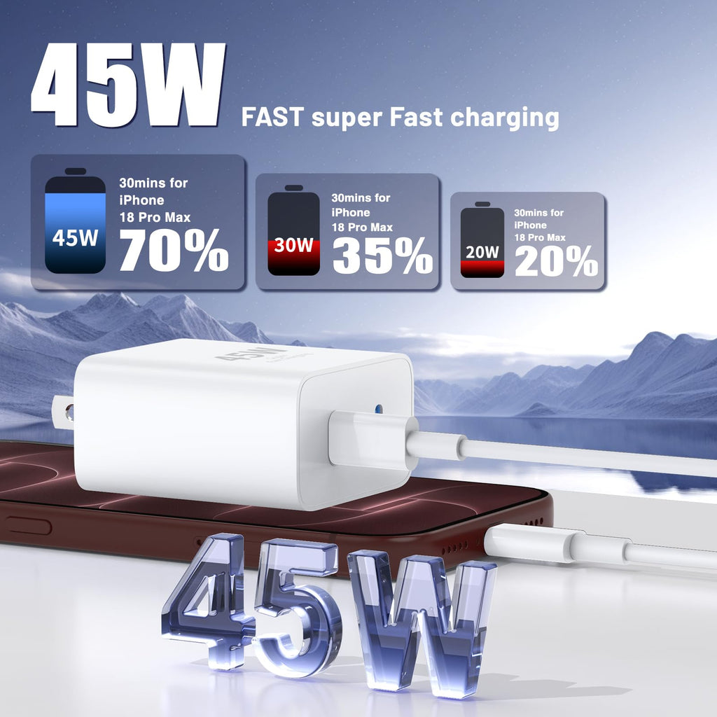 QZIIW iPhone 18 17 16 Pro Max Fast Charger,45W Dual Port USB C Fast Charger