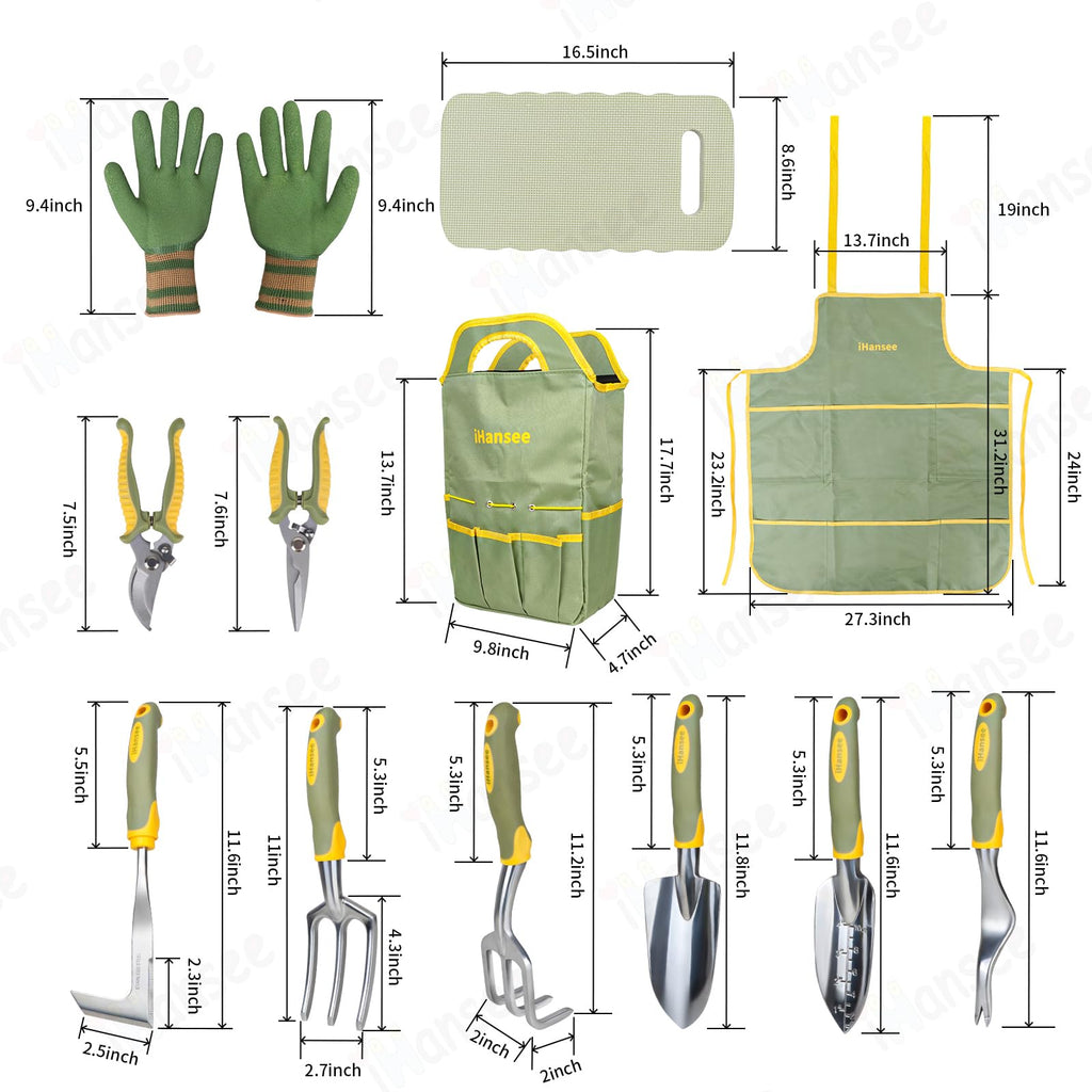 iHansee Green Garden Tools Set 12-Piece, Gardening Gifts for Women Men