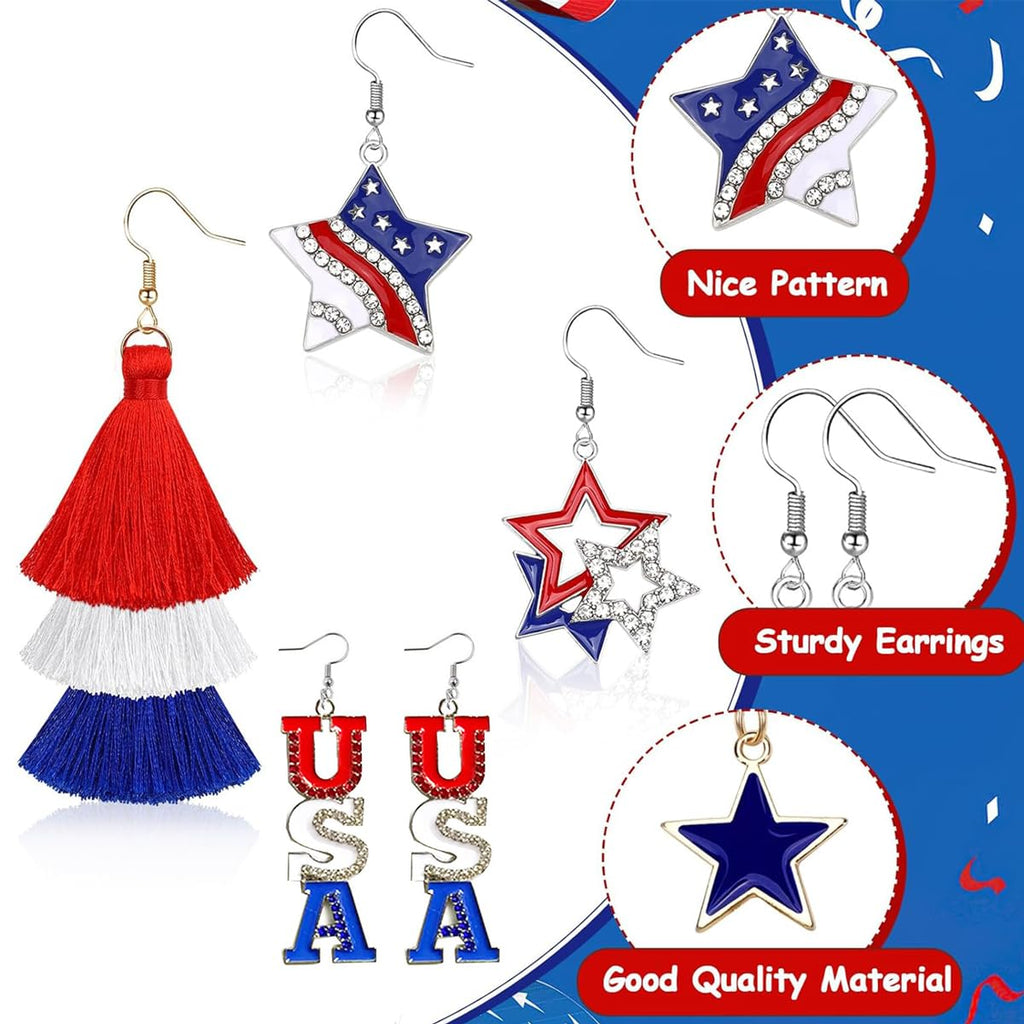 【6 Pairs】 American Flag Earrings USA Drop Earrings 4th of July Accessories for Women Fourth 4th of July Outfits for Women Patriotic earring Party Favors Red White Blue Decorations