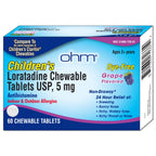 Ohm Children's Allergy Medicine, Loratadine 5mg, Chewable Tablets (60 Count) Grape Flavor, Non-Drowsy Antihistamine, 24-Hour Allergy Relief for Runny Nose, Watery Eyes, Itchy Throat & Nose