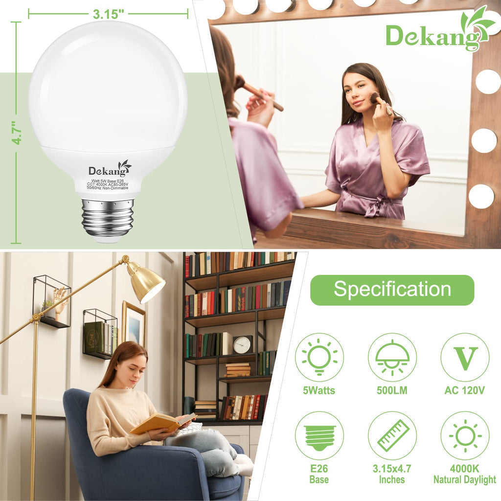 Dekang 8-Pack LED Vanity Light Bulbs for Bathroom 4000K Natural Daylight, E26 Base Globe 60W Incandescent Equivalent, 5W Round Light Bulbs for Vanity Mirror, 500LM, Non-dimmable