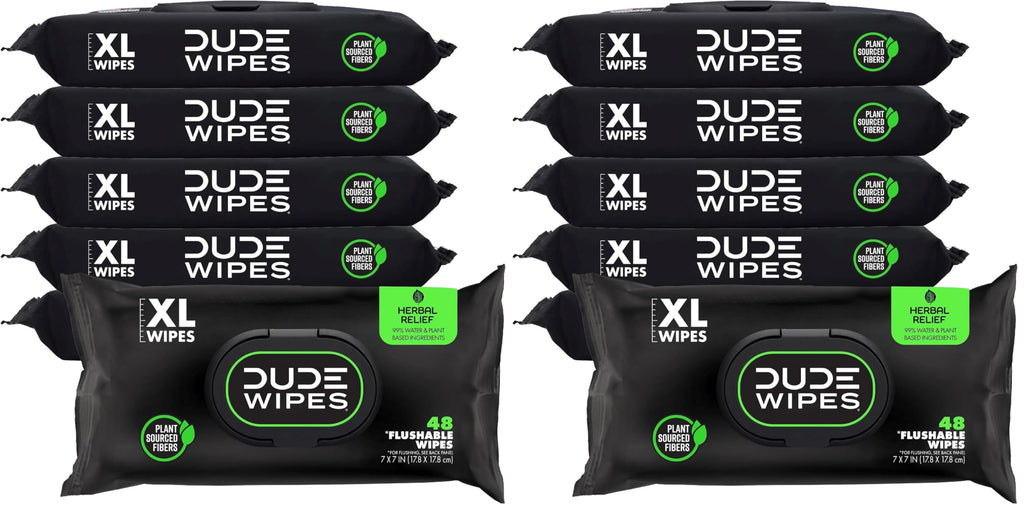 DUDE Wipes Herbal Relief Flushable Wipes - Extra-Large Adult Wet-Wipes - Infused with Soothing Witch Hazel, Geranium Essential Oils, Vitamin E, and Aloe - Septic and Sewer Safe 48 Count (Pack of 12)