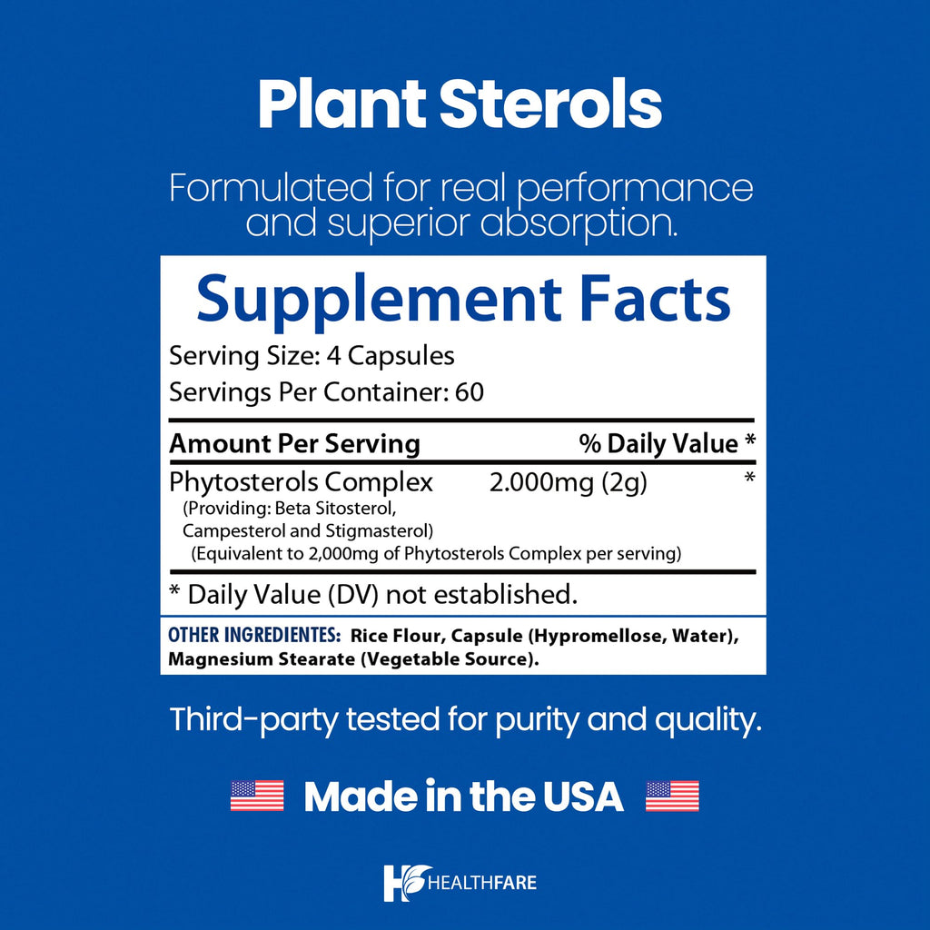 Healthfare Plant Sterols Capsules 2000mg | 240 Vegan Capsules | Beta Sitosterol & Phytosterol Complex | Plant-Based Supplement | Non-GMO & Gluten-Free | Made in The USA