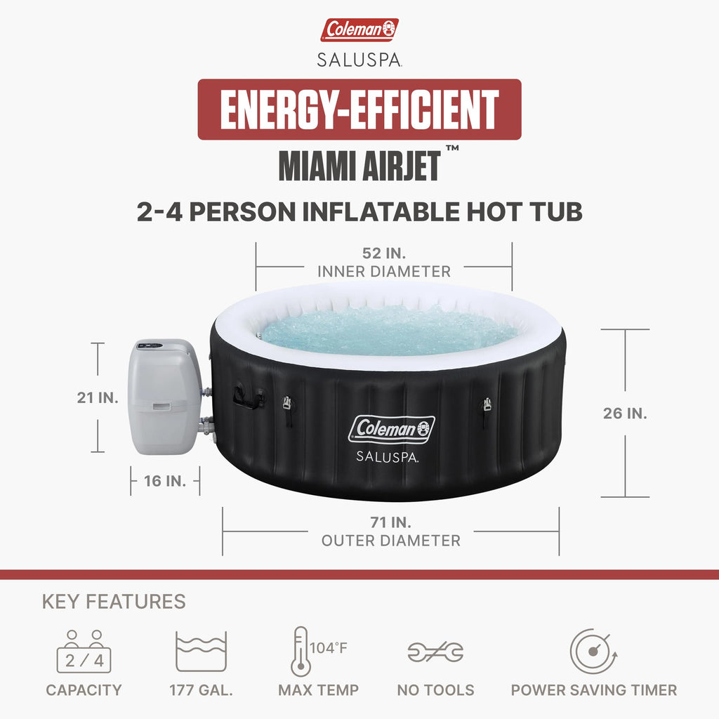 Coleman Miami 2 to 4 Person Inflatable Hot Tub, Round Energy-Efficient Portable Outdoor Spa with 120 AirJets, 71" x 26"