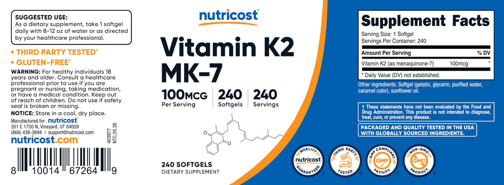 Nutricost Vitamin K2 MK-7 100 mcg, 240 Softgels, Gluten Free, GMO-Free