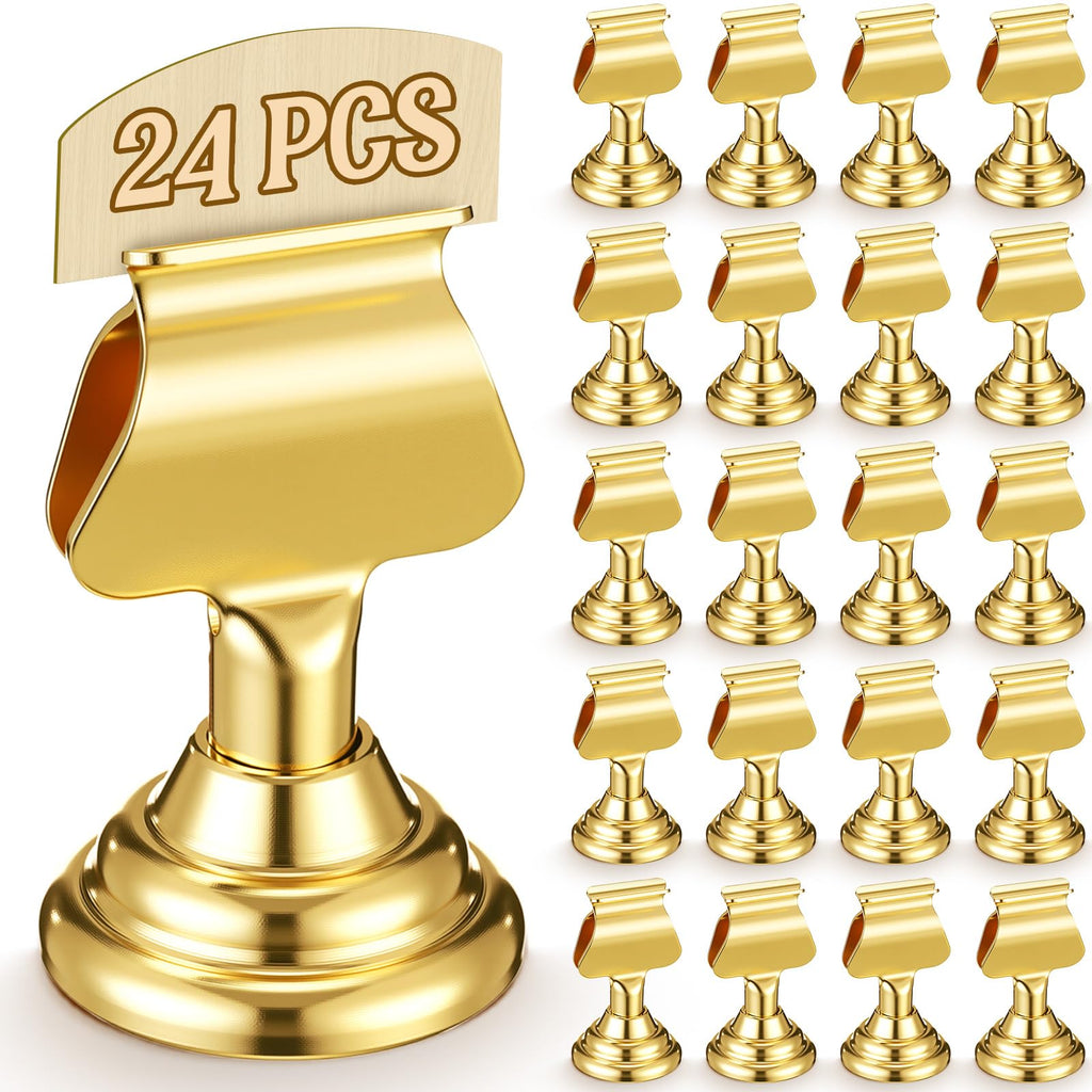 Kathfly 24 Pcs Wedding Table Number Holders 1.7 Inch Gold Mini Metal Place Card Holders Bulk Harp-clip Table Sign Stands Card Holder Display Picture Memo Notes Menu for Restaurants Birthday Decor