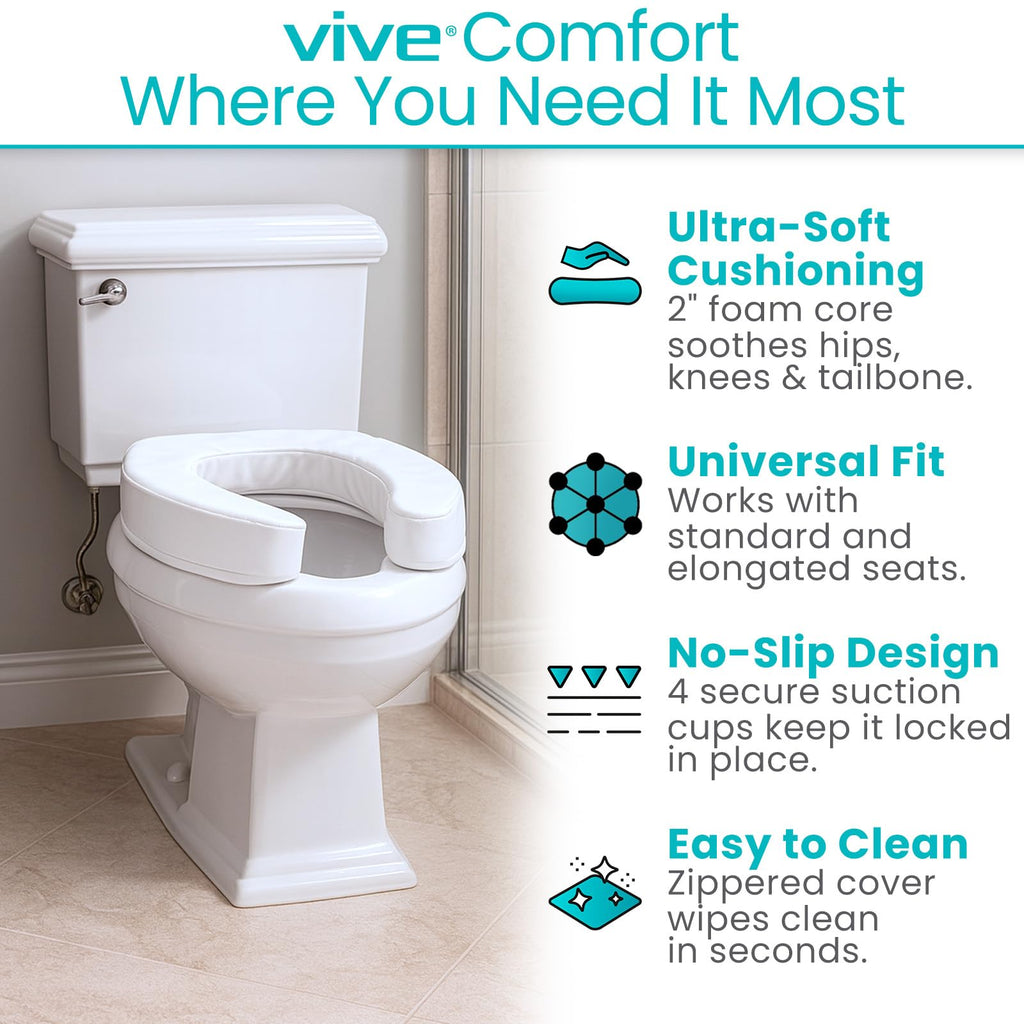 Vive Toilet Seat Cushion (Soft Cushioned Foam) - Easy Clean Soft Padded Bathroom Attachment - Elongated, Standard Seats - Comfort & Support Donut for Handicap Adults