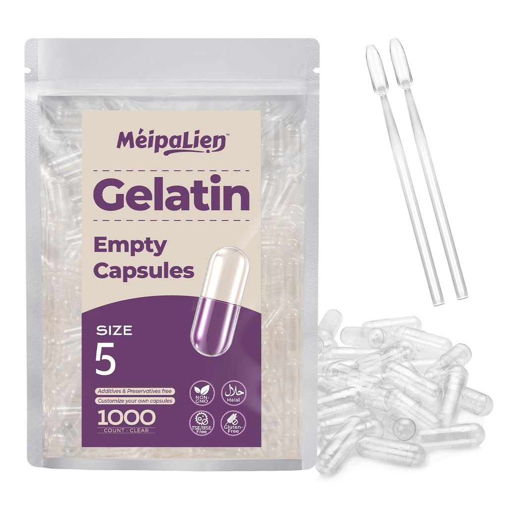 MéipaLien Empty Gelatin Capsules Size 5-1000 Count Bovine Bone Gel Capsules Empty | Quick Dissolve | All Size | for Powder & Liquid DIY Filling