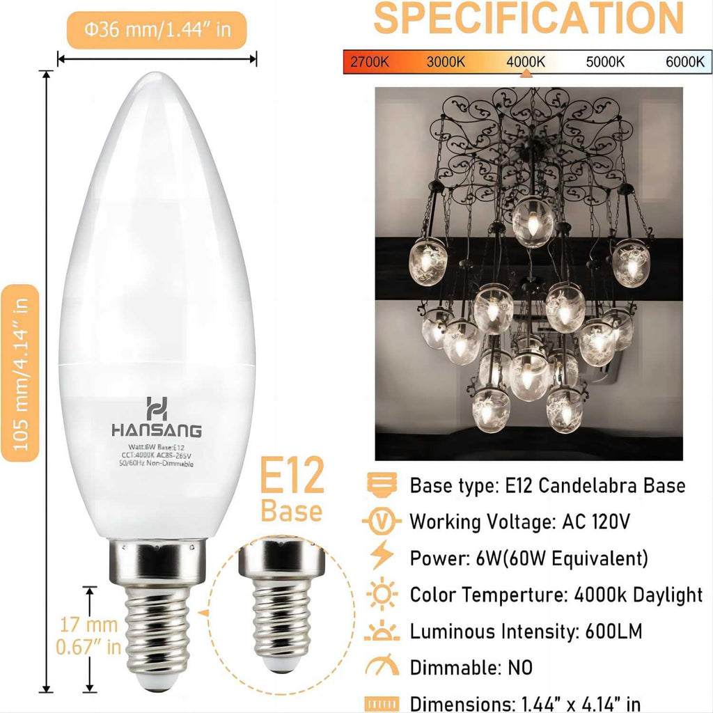 hansang 8 Pack E12 Candelabra LED Light Bulbs 4000K Natural Daylight, Small Base Type B Light Bulb for Chandelier, 6W 60Watt Equivalent, B11 Ceiling Fan Light Bulbs, 600LM, Non-dimmable