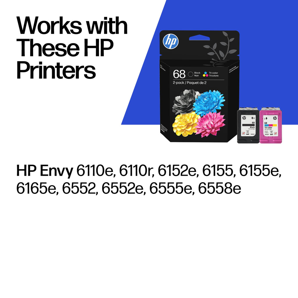HP 68 Black/Tri-Color Ink Cartridges (2-Pack) | Works with Envy 6100e, 6500e Series | 6L6S2TN | Packaging May Vary