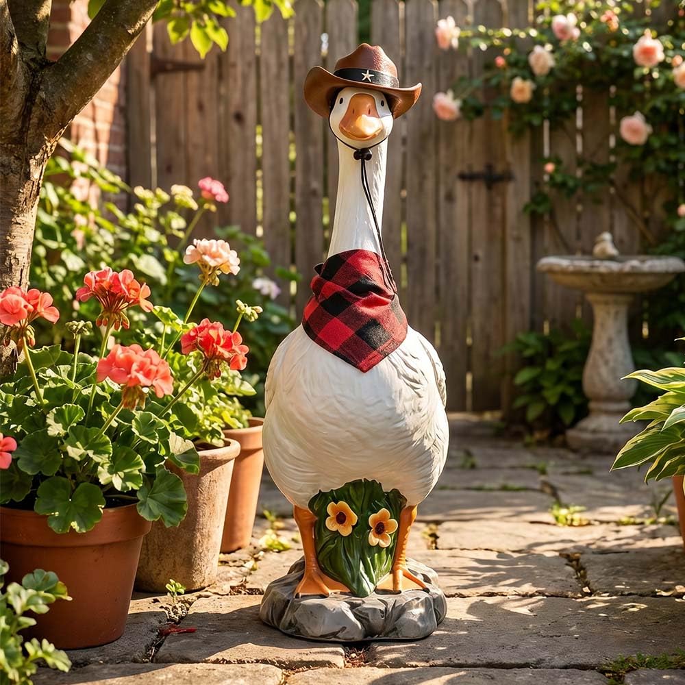 Premium Adjustable Large Porch Goose Statue – 14 Inch Realistic Hollow Plastic Garden Goose with Removable Cowboy Hat & Bandana, Stone Base with Sand-Fillable Design for Outdoor Stability (White)