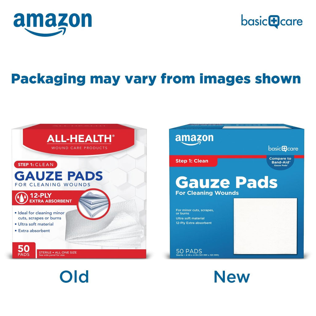 Amazon Basic Care Gauze Pads, 4x4 inches, Sterile, 50 Count | Pack of 4 | For Minor Injuries | Previously All Health