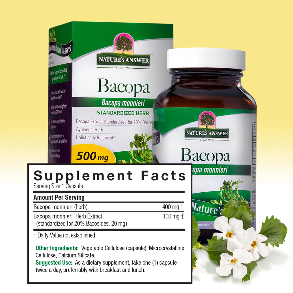 Nature's Answer Bacopa Monnieri | Helps Improve Memory | NON-GMO| No Preservatives | Gluten-Free, Vegan & Vegetarian – 500mg (90 Capsules)