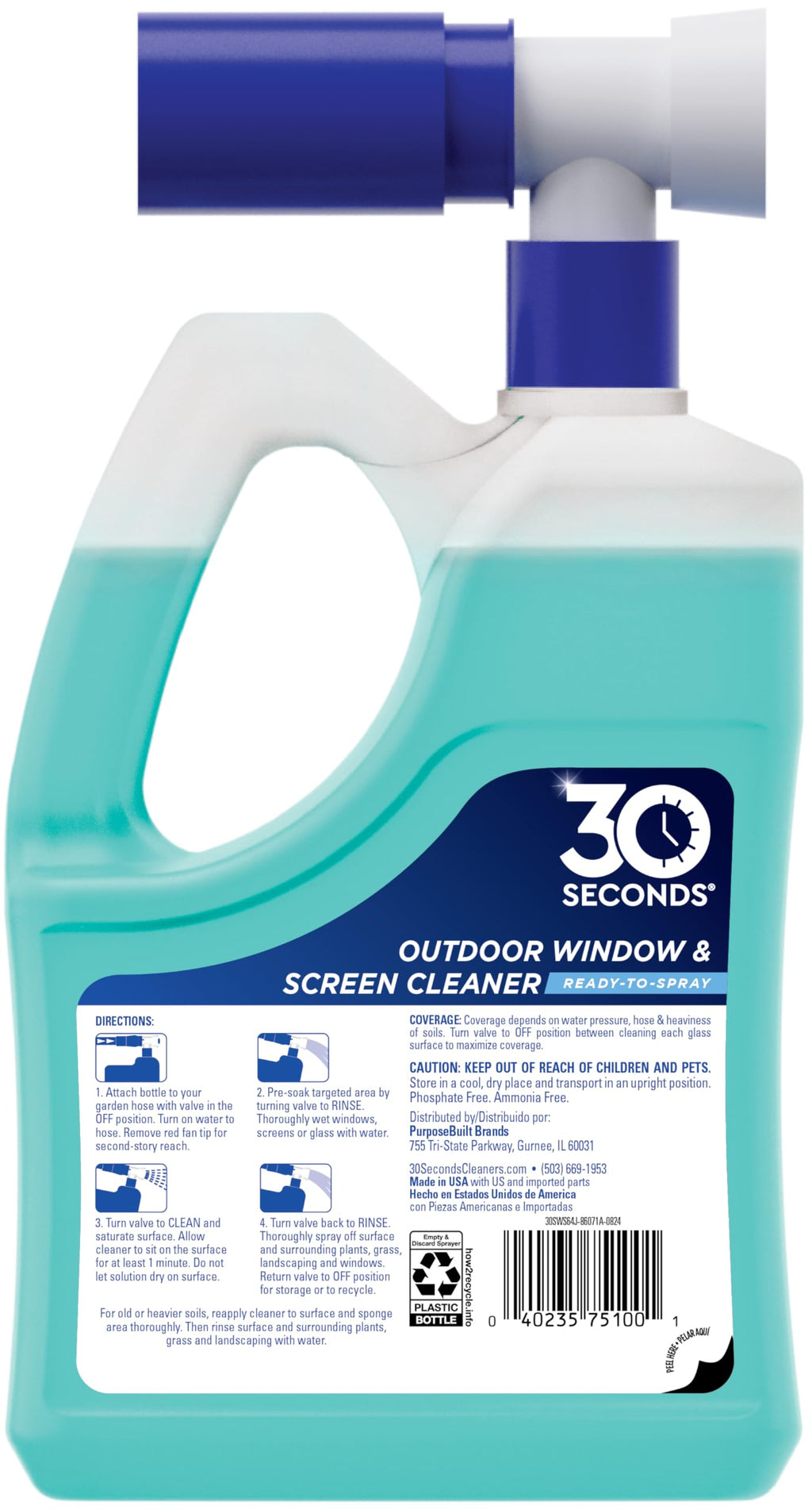 30 SECONDS Outdoor Window & Screen Concentrated Cleaner for Glass, Patio Doors, Fiberglass, Furniture - No Screen Removal Required, Spray & Rinse - Hose End Spray Attachment (2 PACK)