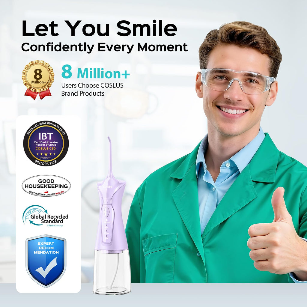 COSLUS Water Dental Flosser Pick for Teeth C30(FC5360): 4 Modes Cordless 300ML Larger Tank Portable Water Teeth Cleaner Picks IPX7 Waterproof Flossing Machine for Home Travel Purple