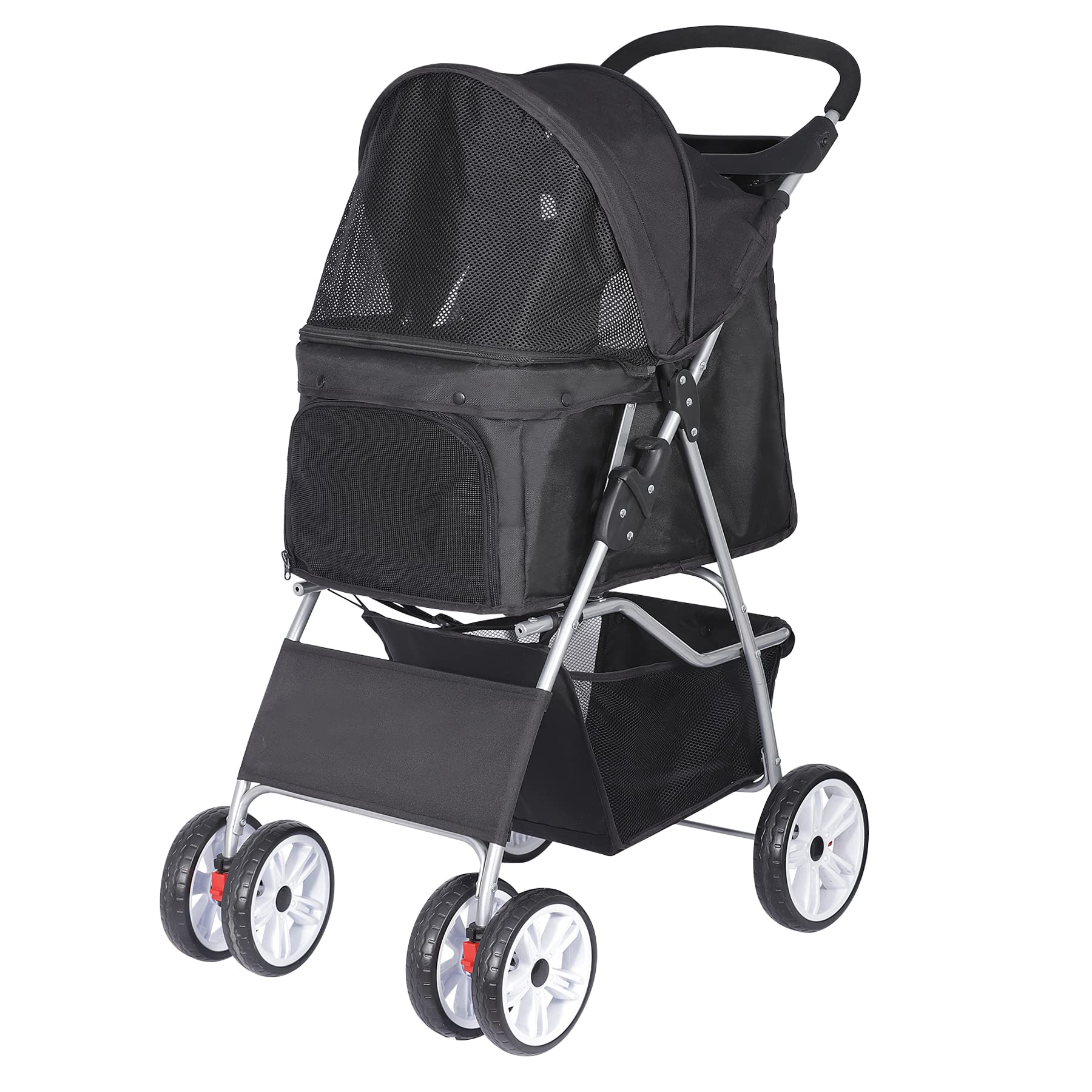 BBBuy 4 Wheels Foldable Pet Dog Cat Jogger Stroller Travel Carrier Strolling Cart w/Waterproof Cover Storage Basket Cup Holder & Removable Liner for Medium Small Cat Dog, Black