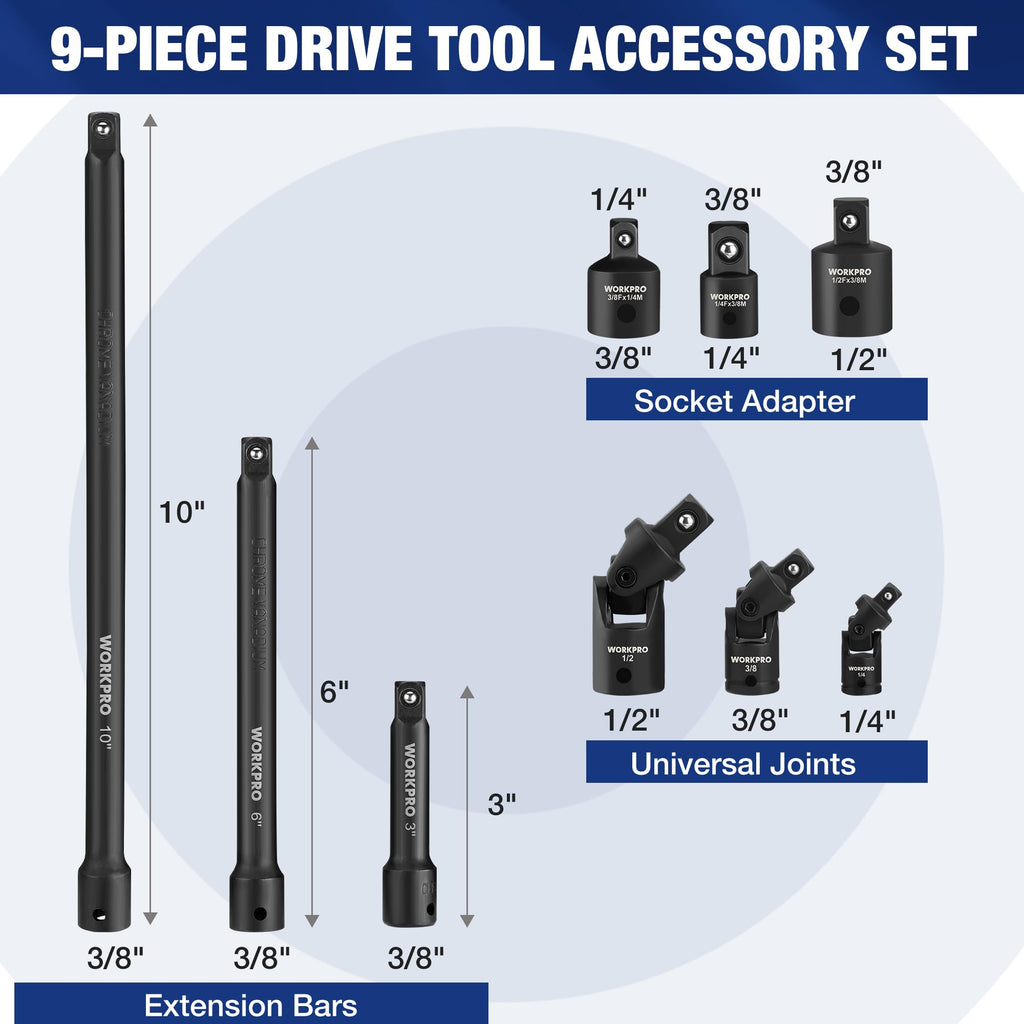 WORKPRO 9-Piece Impact Socket Extension Set, Includes 3/8" Drive Extension Bar Set, 1/4", 3/8" & 1/2" Drive Universal Joints and Adapters, Premium Chrome Vanadium Steel with Black Phosphate Finish