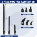 WORKPRO 9-Piece Impact Socket Extension Set, Includes 3/8" Drive Extension Bar Set, 1/4", 3/8" & 1/2" Drive Universal Joints and Adapters, Premium Chrome Vanadium Steel with Black Phosphate Finish