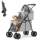 Double Pet Stroller for Medium Small Dogs and Cats with 2 Carriage, Durable Universal Wheels with Brakes Lightweight One Hand Foldale Kittens Puppies Travel Strolling Cart (Gray)