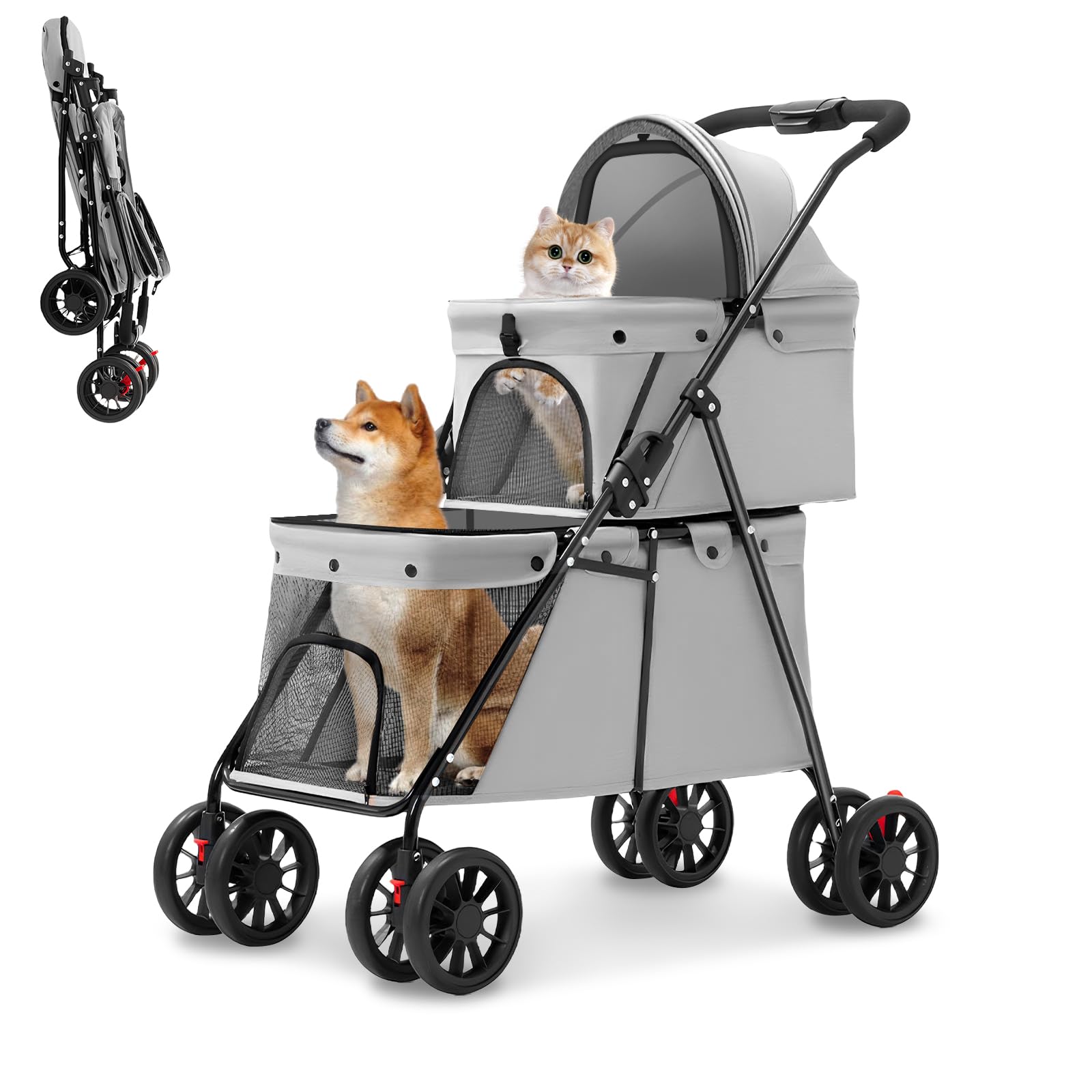 Double Pet Stroller for Medium Small Dogs and Cats with 2 Carriage, Durable Universal Wheels with Brakes Lightweight One Hand Foldale Kittens Puppies Travel Strolling Cart (Gray)